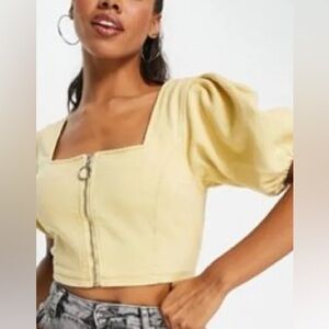 Missguided Yellow Puff Sleeve denim Crop Top . Like new